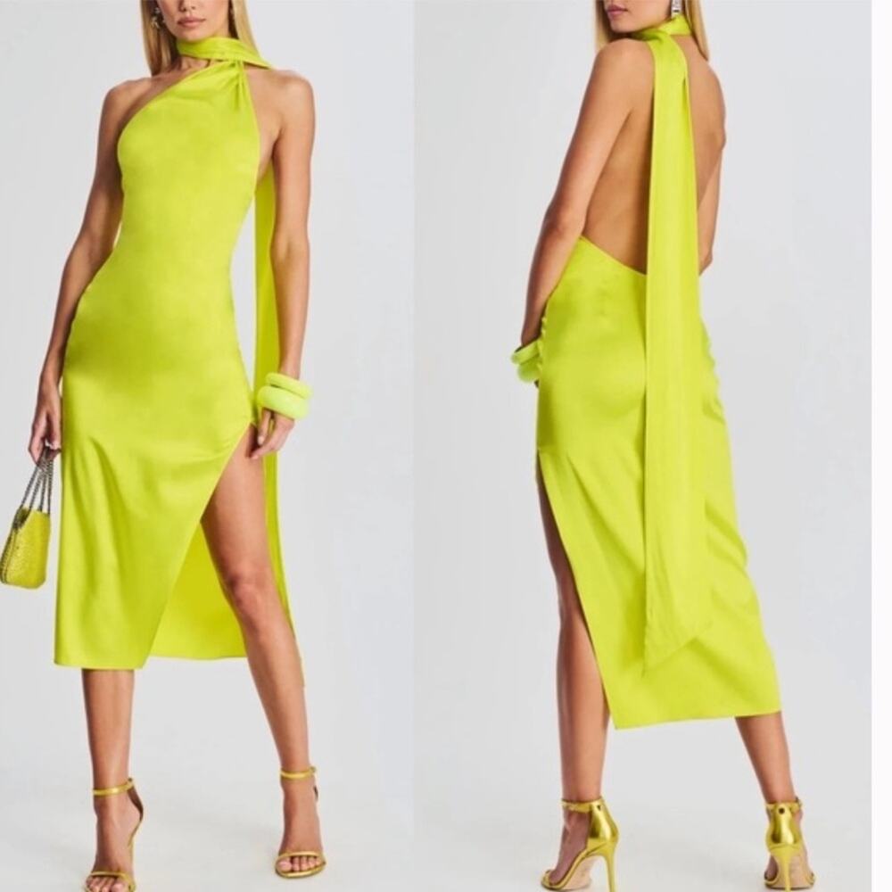 Retrofete Seroya Marissa Silk Neon Lime Scarf Collar Sexy Midi Slip Dress NWT